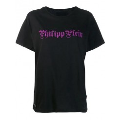 Philipp Plein Rhinestone Logo T-shirt Women 0233 Black+fuchsia Clothing T-shirts & Jerseys In Stock