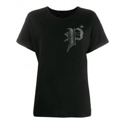 Philipp Plein Sequin Logo T-shirt Women 0201 Black & White Clothing T-shirts Jerseys Discount