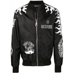 Philipp Plein Logo Patchwork Bomber Jacket Men 0201 Black / White Clothing Jackets Outlet