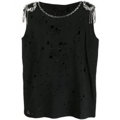 Philipp Plein Shoulder Embellished Distressed Tank Women 02 Black Clothing T-shirts & Jerseys