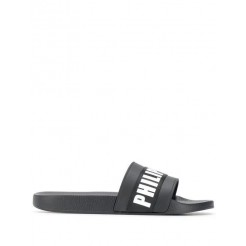 Philipp Plein Flat Logo Gummy Sandals Men 0201 Black / White Shoes Flip Flops Incredible Prices