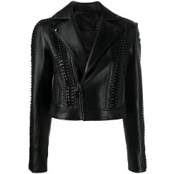 Philipp Plein Lace-up Biker Jacket Women 02 Black Clothing Leather Jackets Authorized Site