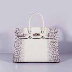 Hermes Birkin 35cm Crocodile Leather Handbag Grey White Gold