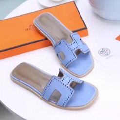 Hermes Women Flats Hollow H Leather Slippers Light Blue Size 35-41