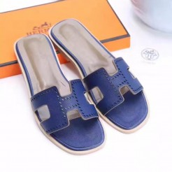Hermes Women Flats Hollow H Leather Slippers Blue Size 35-41