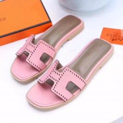Hermes Women Flats Hollow H Leather Slippers Pink Size 35-41