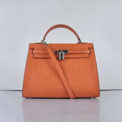 Hermes Kelly 32cm Ostrich Vein 6108 Orange Silver