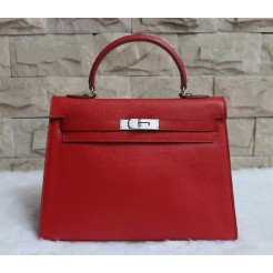 Hermes Kelly 32cm Epsom Leather Handbag Red Silver