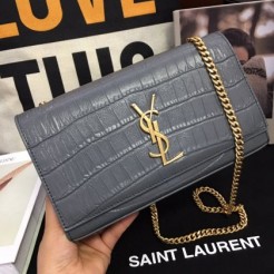 YSL Croco Classic 24cm Chain Bag Grey Gold