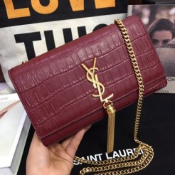 YSL Croco Tassel 24cm Chain Bag Burgundy Gold