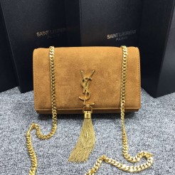 YSL Tassel Chain Bag 22cm Suede Leather Camel