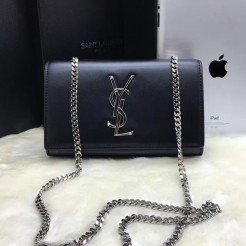 YSL Smooth Leather Chain Bag 22cm Black Silver