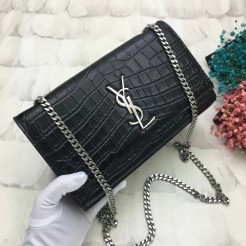 YSL Monogram Chain Bag 24cm Croco Black Silver