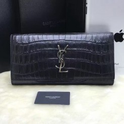 YSL Clutch 27cm Croco Leather Black Silver